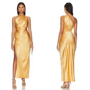 THE SEI Asymmetrical Ruched Draped One Shoulder Silk Gold Maxi Dress Size 4